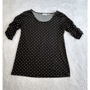 Susan Graver Black w/ White Polka Dot Dress Shirt, Size XS, Ruched Sleeves